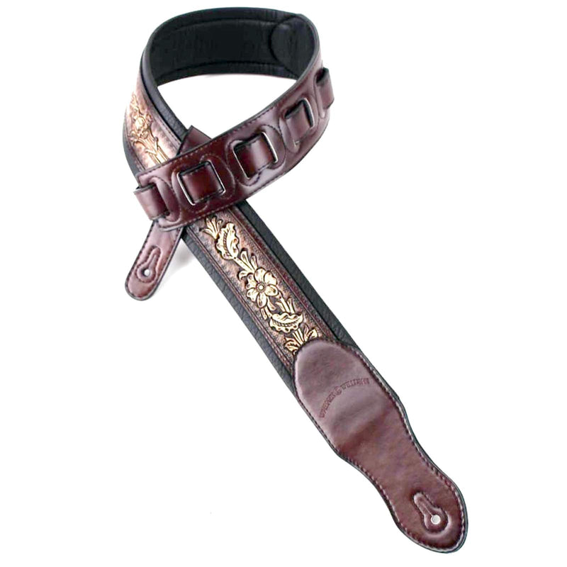 Walker & Williams KB-02-BRN Rustic Brown Carved Leather Padded Guitar Strap With Floral Skull & Christian Cross For All Acoustic, Electric And Bass Guitars