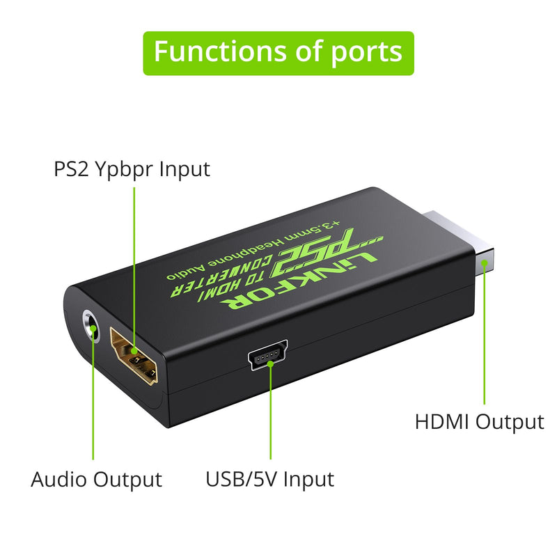 LiNKFOR PS2 to HDMI Converter for Playstation 2 PS2 to HDMI Adapter with 3.5mm Headphone Audio Jack for HDTV HDMI Monitor (PS2 to HDMI Converter)
