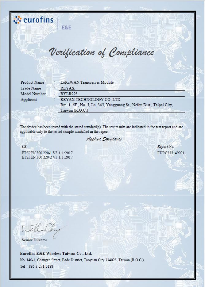 RYLR993_lite RYLR993 868/915MHz LoRaWAN® & Proprietary Dual mode Transceiver antenna module long distance! FCC CE MIC NCC Certification