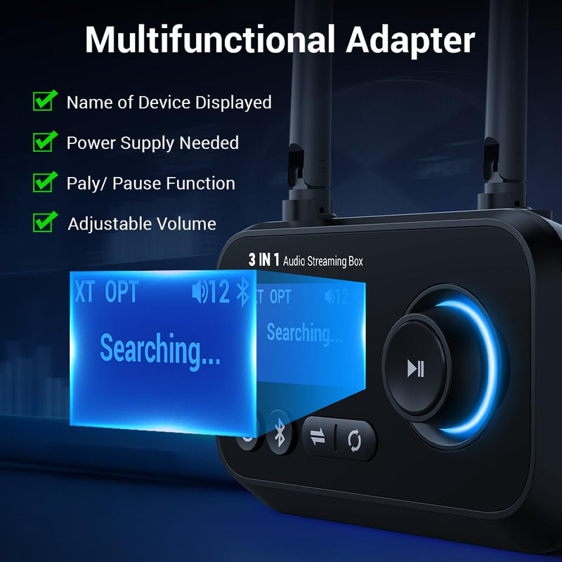 Bluetooth Transmitter Receiver 3-in-1 Bluetooth 5.3 Audio Adapter for 2 Headphones with Dual Antenna Bypass Volume Control LCD Display 3.5mm Aux/Optical/RCA for Home Stereo TV Speaker PC