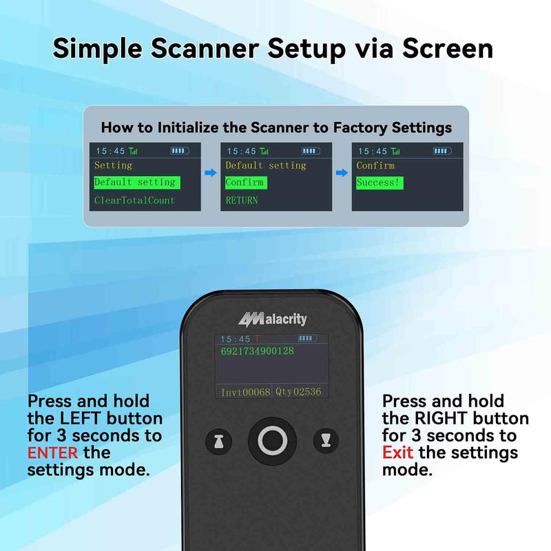 Alacrity Portable 1D 2D Wireless Barcode Scanner with LCD Display, Bluetooth 2.4 GHz Wiredess USB Wired 3 in 1, Lightweight Mini QR Code Readers for Computer, Tablet, Smartphone Black-2D