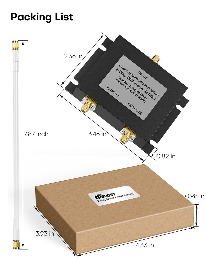 HiBoost Wide-Band 2 Way Splitter SMA-Female Connectors 698-2600 MHz for Signal Booster,Compatible with All US Carriers 2G/3G/4G LTE