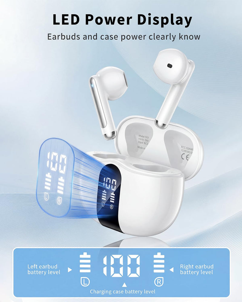 Wireless Earbuds, 2026 Bluetooth 5.4 Headphones Bass Stereo Ear Buds with Noise Cancelling Mic, LED Display in Ear Earphones 50H Playtime Ear Buds, IP7 Waterproof for Laptop Pad Phones Pure White