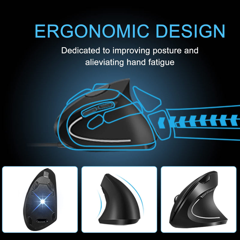 Vassink Wireless Mouse Ergonomic Mouse Rechargeable Vertical Optical Mice with USB Receiver, 6 Buttons 2.4GHz Adjustable DPI 800/1200/1600 for PC Computer,Laptop,etc（Black） Black2