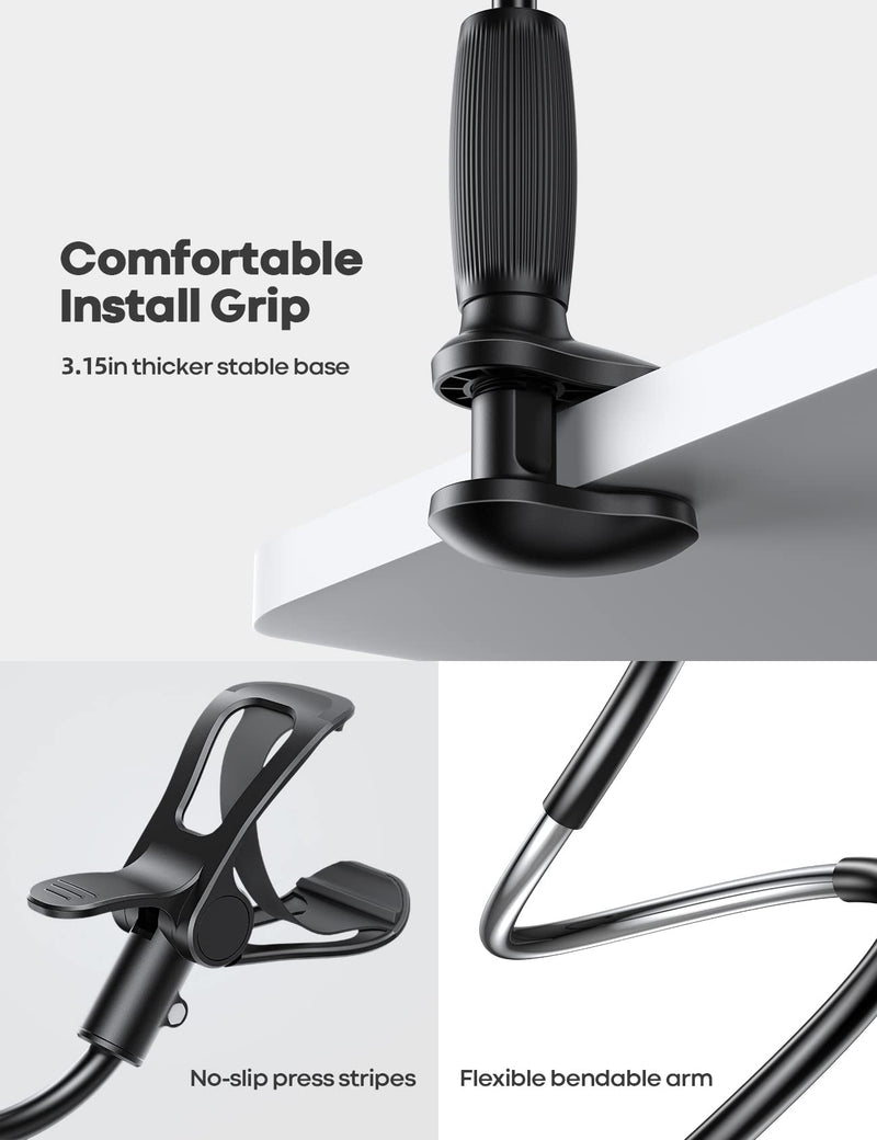 [AUSTRALIA] - Lamicall Gooseneck Phone Holder for Bed - [Upgraded Stable Clip] for Desk, Headboard, Bed, Bedside, Table, Flexible Gooseneck Long Arm Stand, Overhead Cell Phone Clamp Mount, for All 4-7” Devices Black 