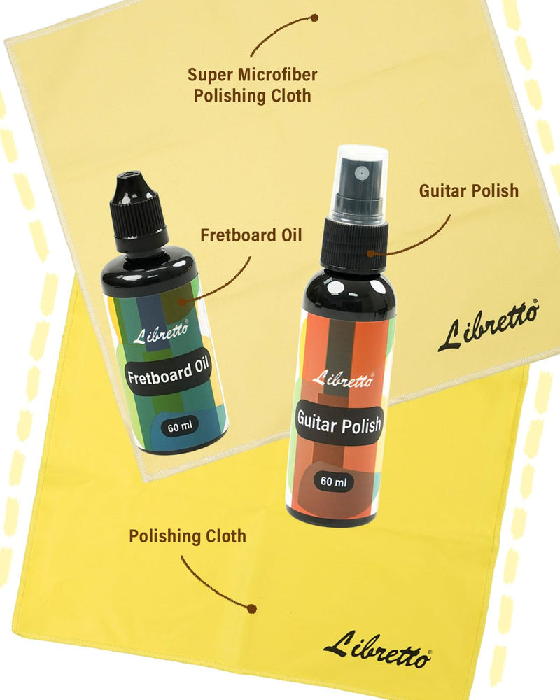 Libretto Guitar Cleaning Kit, 2 Pack Guitar Maintenance Set with Polish, Fretboard Oil and 2 Microfiber Cloths, All in One Care for Acoustic and Electric Guitars 2-Pack