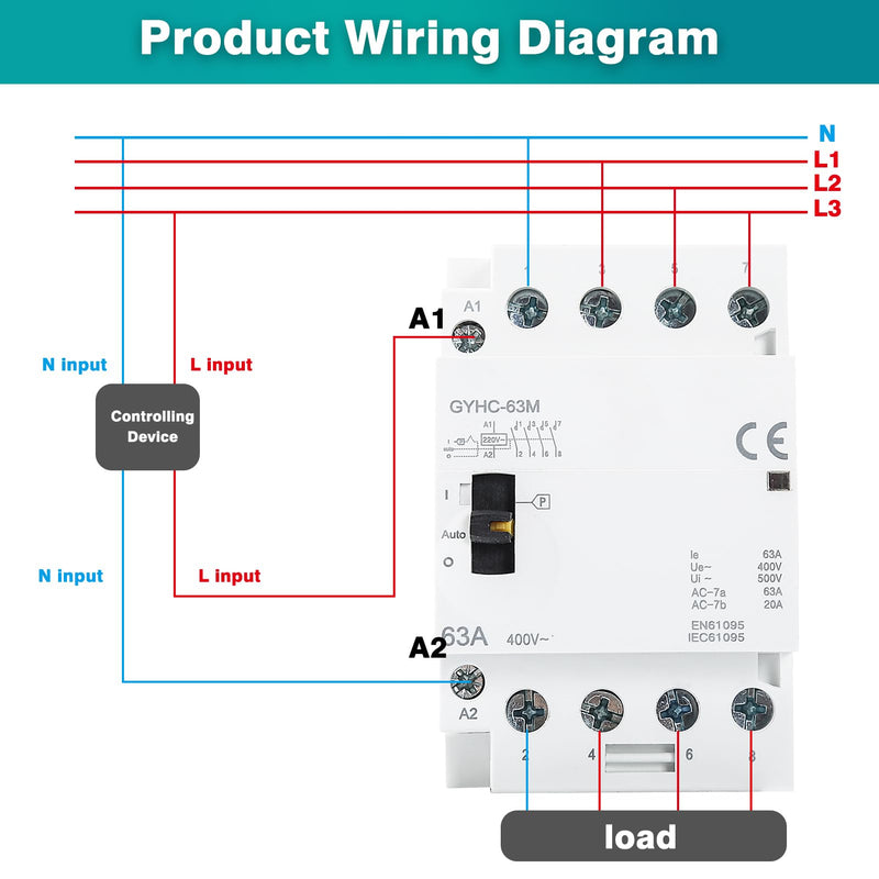 Ailao Contactor 400 V 3 Phase 4 Wire AC Contactor AC Household Contactor 4P 63A 4NO Ultra Quiet and Highly Efficient Flame Retardant DIN Rail Manual Automatic Model