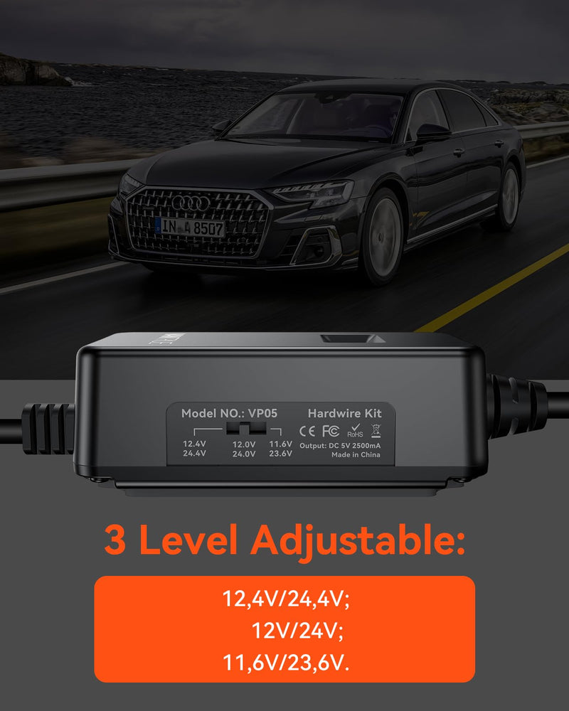 Vantrue USB-C Display Hardwire Kit with 3-Stage, Acc Cable for Dashcam, 11.6/23.6V, 12/24V, 12.4/24.4V to 5V, Fuse Holder with Low Voltage Protection, 24-Hour Parking Mode