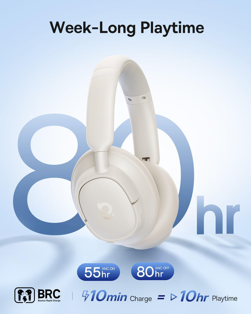 Baseus Bass BH1 NC Adaptive Active Noise Cancelling Headphones, Real-Time Adaptive Hybrid ANC, SuperBass 2.0, LDAC Hi-Res Sound, 80H Playtime, 5-Mic AI Clear Calls, Comfortable Fit, Bluetooth 6.0 Moon White