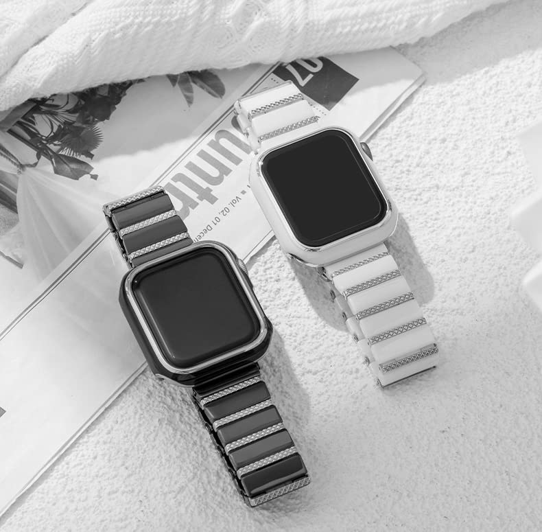 Ceramic Band for Apple Watch 42mm/41mm, Metal Inlay Bracelet, White/Silver | MaKTech 316L Stainless Steel Clasp, Diamond-Shaped Metal Strip, for Apple Watch Series 11/10 42mm, 9/8/7 41mm, SE 3/2/1 40mm 42mm/41mm/40mm