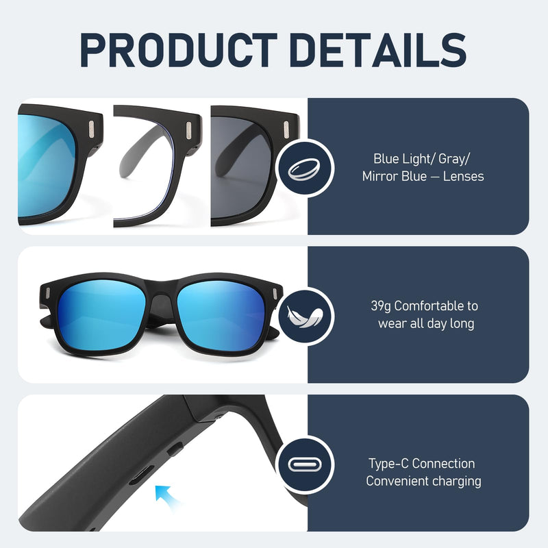 LKEYE Smart Glasses Audio Sunglasses Wireless Music Speaker,Blue Light Open Ear Glasses Indoor/Outdoor,Voice Control,Unisex Gray Lens