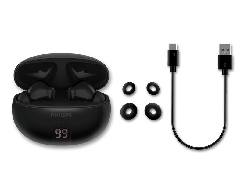 Philips T2520 True Wireless Earbuds, Bluetooth 5.4, Active Noise Cancelling, AI Mic Clear Calls, Dynamic Bass, 20H Battery, IPX4 Water Resistant, Black