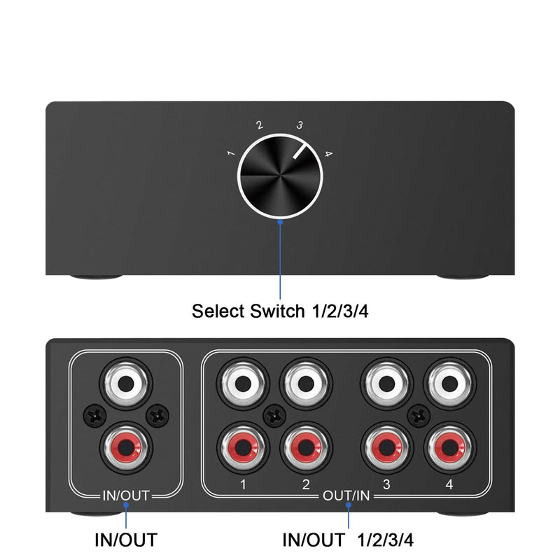 Dingsun 4-Way Stereo Audio Switcher, Bi-Directional Right and Left Channel Audio Selector Box for Blu-ray Players or DVD Players Active Speakers (4In-1Out /1In-4Out)(1In-4Out /4In-1Out) 1In-4Out /4In-1Out