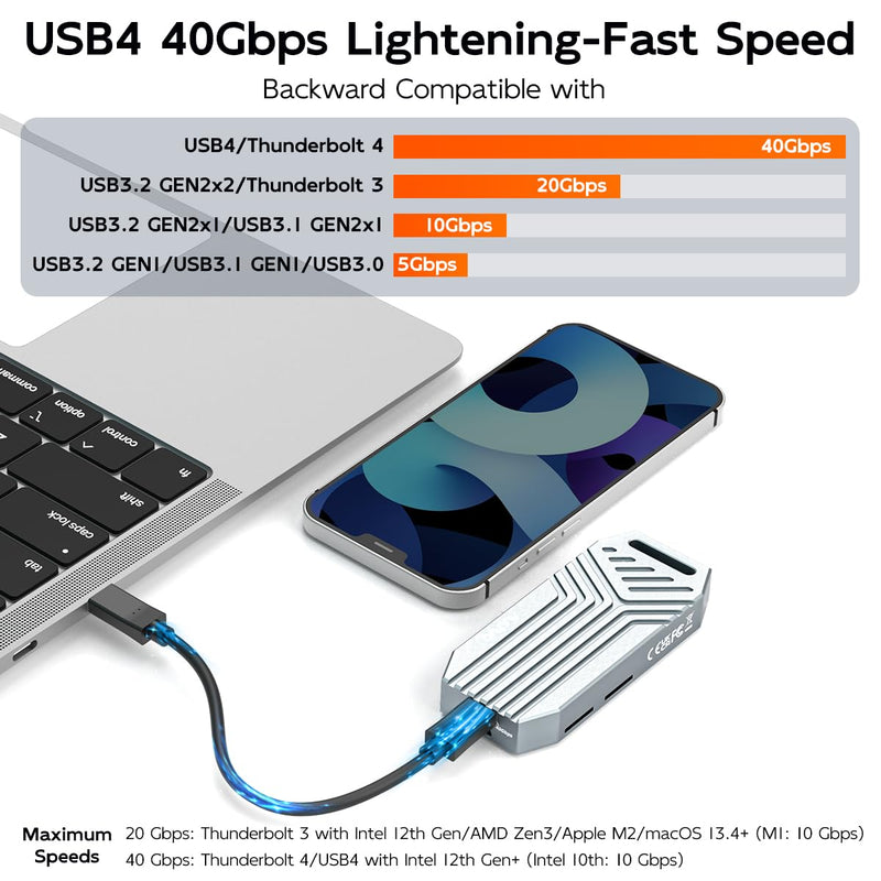 MAIWO NVMe Enclosure 40Gbps with Cooling Fan, All Aluminum Case Tool Free, M.2 PCIe M-Key SSD to USB4 Adapter Reader, Compatible with Thunderbolt4/3 USB3.2/3.1/3.0 8TB Capacity