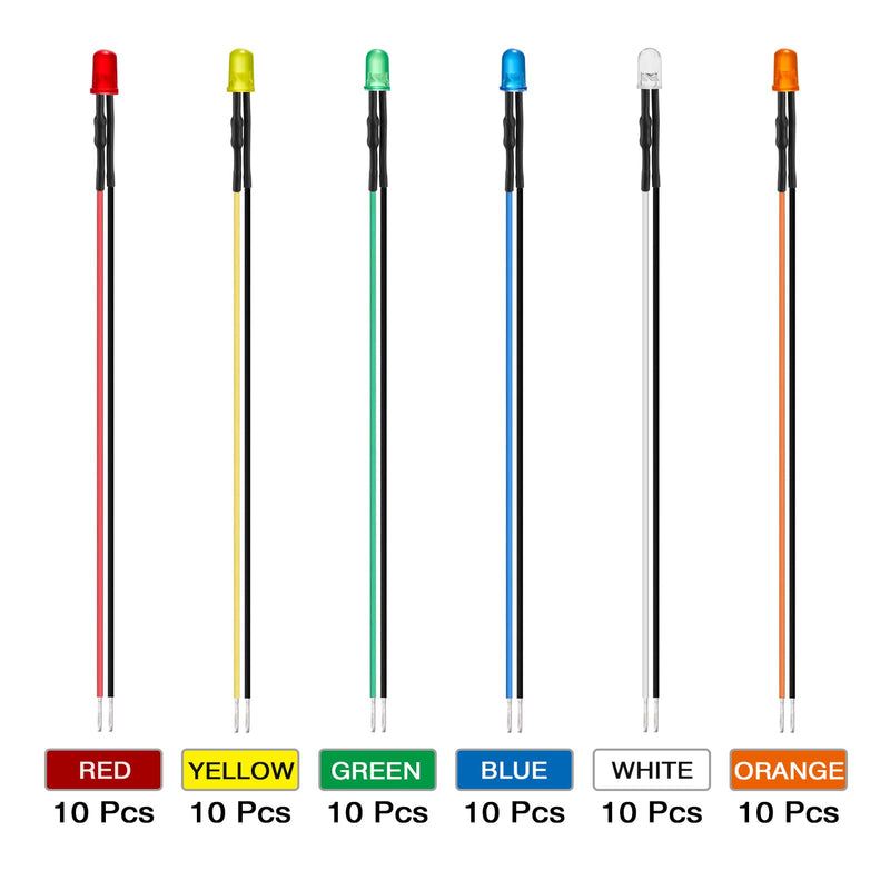 [AUSTRALIA] - AUKENIEN 60 Pieces 5 mm 12 V Pre-Wired LED Light Emitting Diodes Assortment Kit 12 Volt Round Head Diffuse LED Diodes Light Emitting Diode Set 6 Colours White Red Yellow Green Blue Orange (10 Pieces 5MM PW LED DIODE 