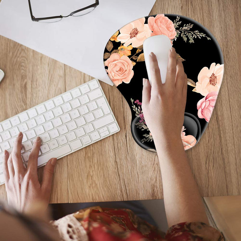 Ergonomic Mouse Pad with Gel Wrist Rest Support, HOMKUMY Cute Mouse Pads with Non-Slip Rubber Base Wrist Rest Pad for Home, Office & Travel Easy Typing & Pain Relief, Peony Black