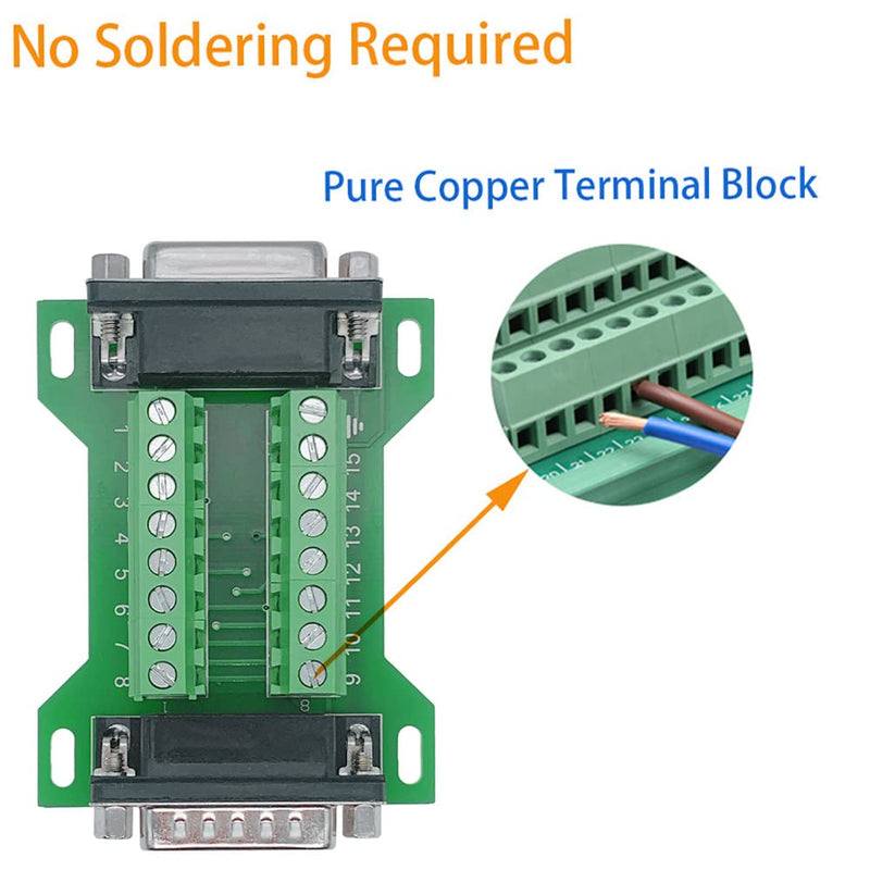 2Pcs DB15 Male to Female Terminal Breakout Board, RS232 D-SUB Serial to 15pin Port Terminal Block Gender Changer Connector (Pack of 2) DB15 Male to Female(2PCS) (Pack of 2)