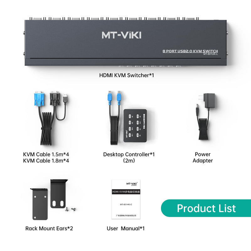 MT-VIKI KVM Switch 8 Port, 8X1 Rackmount KVM Switch VGA, Included 8 2-in-1 KVM Cables & Wire-Desktop Selector & Power Adapter, Fit 1U 19'' Rack 8 port KVM VGA
