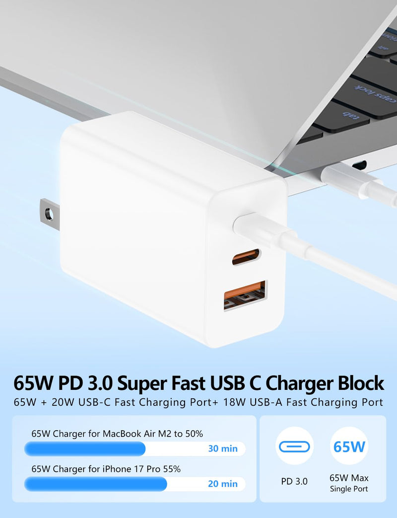 85W USB C Charger for iPhone 17 16 15 Pro Max,3-Port PD 3.0 GaN | Fast Charging Block with 3/6/6/10 Ft USB C Cable for iPhone 17/16/15,MacBook Pro/Air,iPad Pro,Galaxy S26 S25 Ultra,Android White 2Pack 3+6+6+10Feet