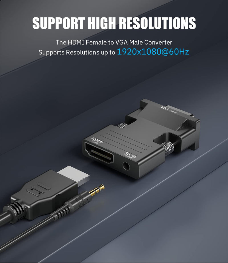 HDMI to VGA Adapter Converter, Audio Output Computer Set-top Box Connector Dongle for Laptop, PC, Monitor, Projector, HDTV, Chromebook, Roku, Xbox -3.5mm Stereo Cable Included