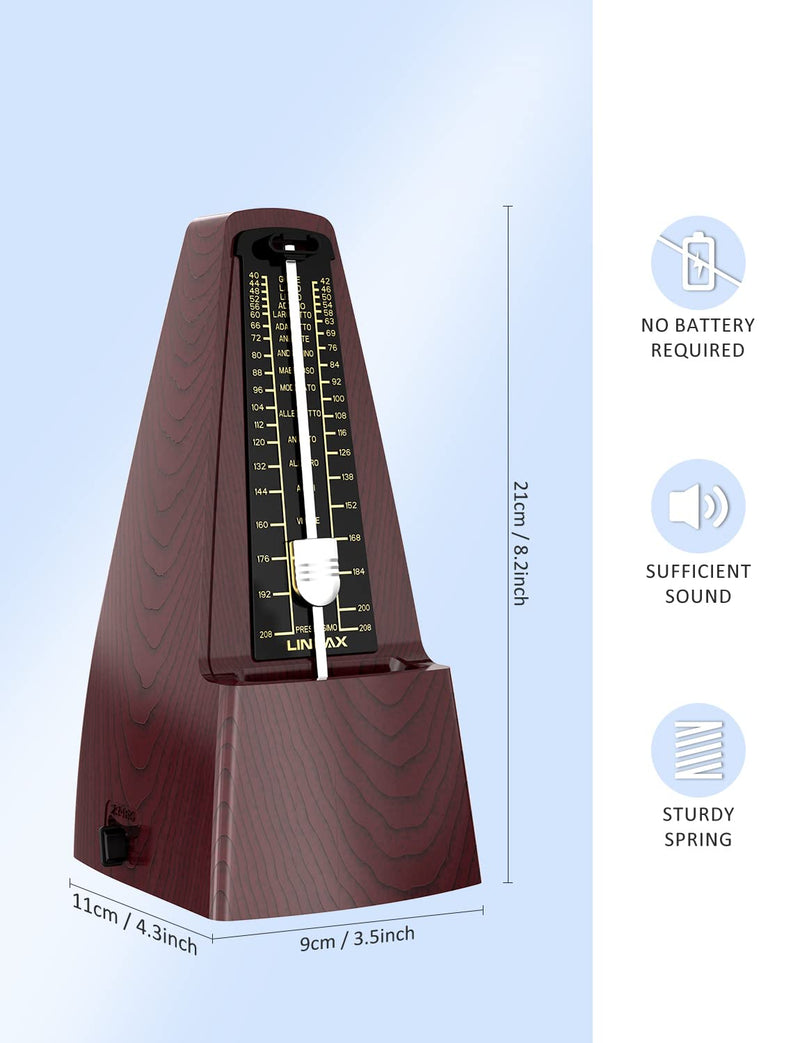 M2 Mechanical Metronome for Piano Guitar Bass Ukulele Drum Violin Cello Saxophone Trumpet and Other Musical Instruments, Track Tempo and Beat, Loud Sound, High Precision, Wood Grain M2