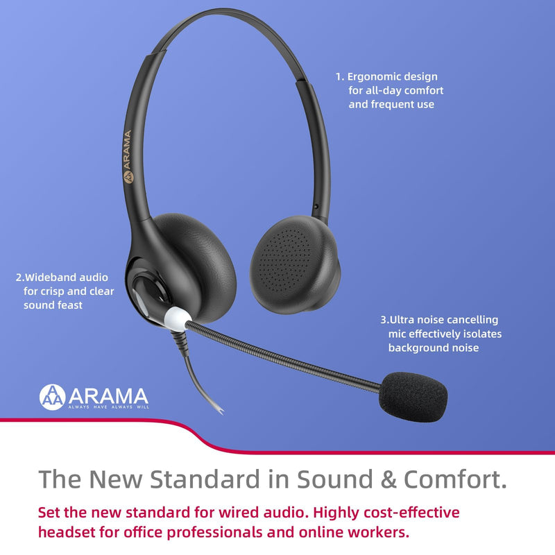 [AUSTRALIA] - Arama Cordless Phone Headset with Microphone, 2.5mm Jack Telephone Headset for Office Landline, Noise-Cancelling Mic & Volume Control, Wired Headphones Compatible with Panasonic AT&T Vtech Uniden Black 
