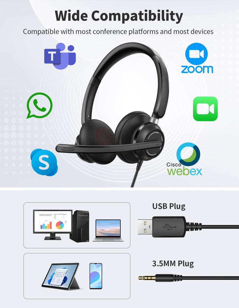 [AUSTRALIA] - Wired Headphones with Microphone for PC, On-Ear Computer Laptop USB Headset with Noise Cancelling Microphone in-line Control for Home Office Online Class Skype Zoom, (3.5mm + USB) 1 Count 