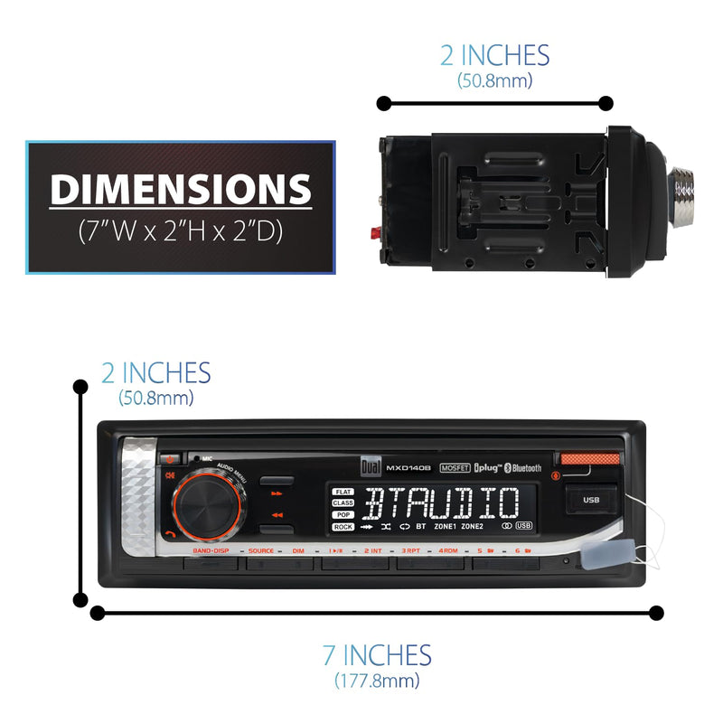 Dual Electronics MXD140B Marine Stereo Bluetooth Single DIN Weatherproof AM/FM | Weatherproof receiver for boats, sunlight-readable LCD, USB port with 2.1A charging, AM/FM tuner, black single-DIN design Marine Radio