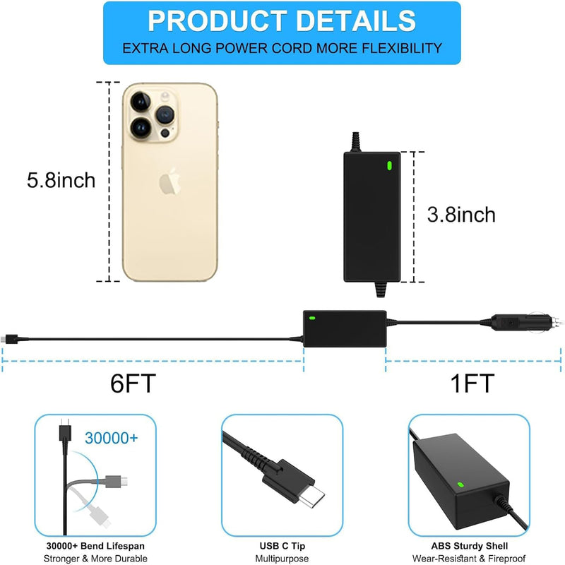 VHBW 90W USB-C Car Charger for Dell Latitude XPS Lenovo ThinkPad MacBook | 20V 4.5A 90W USB-C PD Car Charger With ETL Safety, Long Cable, Compatible With Laptop And USB-C Devices