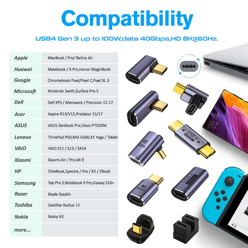 USB C Coupler Adapter 40Gbps 2 Pack USB C Type C Angled USB-C Female to Female Adapter 8k at 60hz and USB C to USB C Cable 20Gbps SuperSpeed USB 100W USB 3.1, 3.2 Thunderbolt 3 Braided Dual 4k