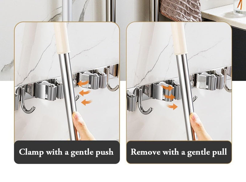 [AUSTRALIA] - Mokife Broom Holder Wall Stainless Steel Garden Tool Holder Wall Mount with 5 Holders 4 Hooks Broom Holder Self-Adhesive Tool Holder Organiser for Kitchen Bathroom Garage Garden Office (5 Holders) 5 Halter 