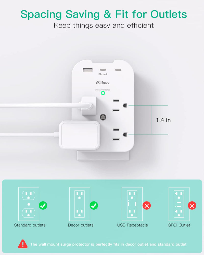 Mifaso Outlet Extender - Wall Surge Protector with 8 Outlets 3 USB 2 USB C, 1 USB A Multi Plug Outlet Splitter, Wall Mount Adapter with Top Phone Holder for Home, School, Office 1800 Joules White - 8 Outlets