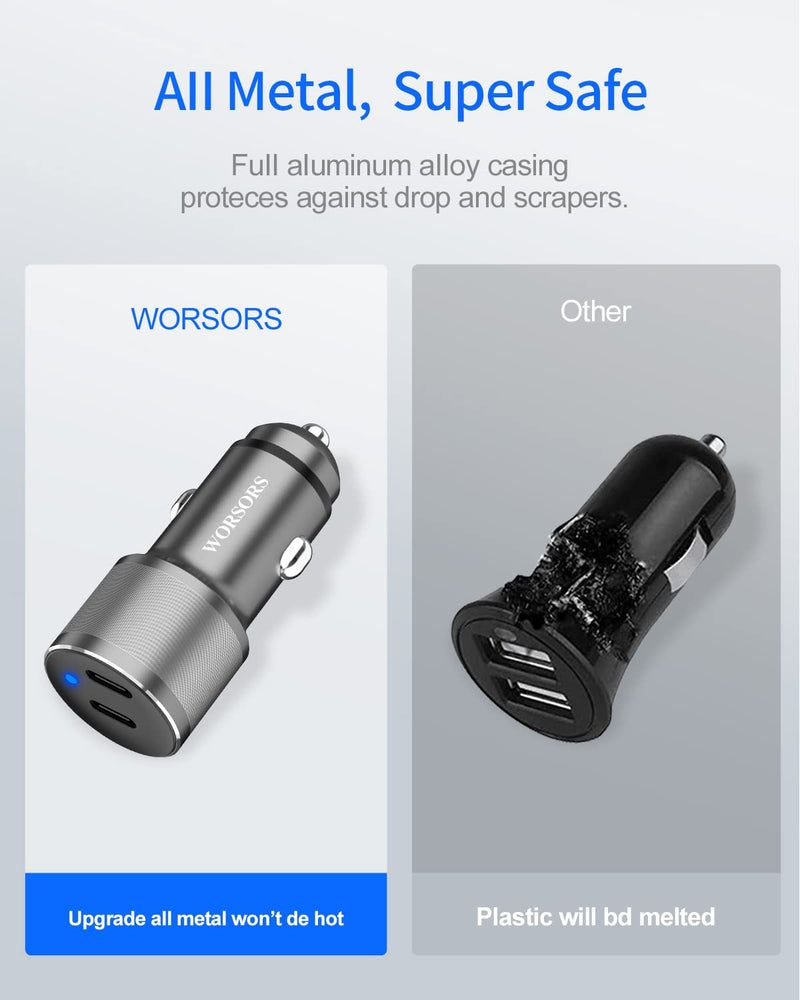 Dual USB C Car Charger, 60W PD (30W + 30W) Super Fast Charging Adapter Metal for iPhone 15 Pro Max, Samsung Galaxy S24 Ultra/S24 Plus/S24/S23/S22/S21, Note 20/10, iPad Pro + 2X Type C to C Cable 3.3Ft Gray