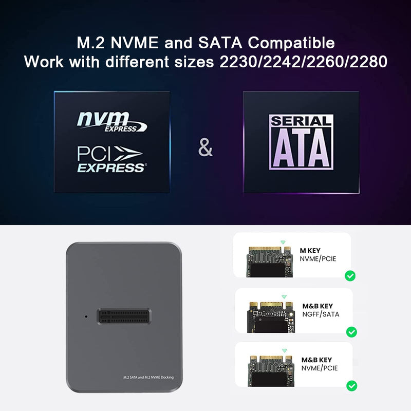 USB C M.2 NVME SATA SSD Enclosure, USB 3.1 Gen 2 10Gbps High Speed M.2 to USB Docking Station, Tool-Free USB C External, Aluminum NVME SSD Reader Adapter for 2230/2242/2260/2280 PGD7413