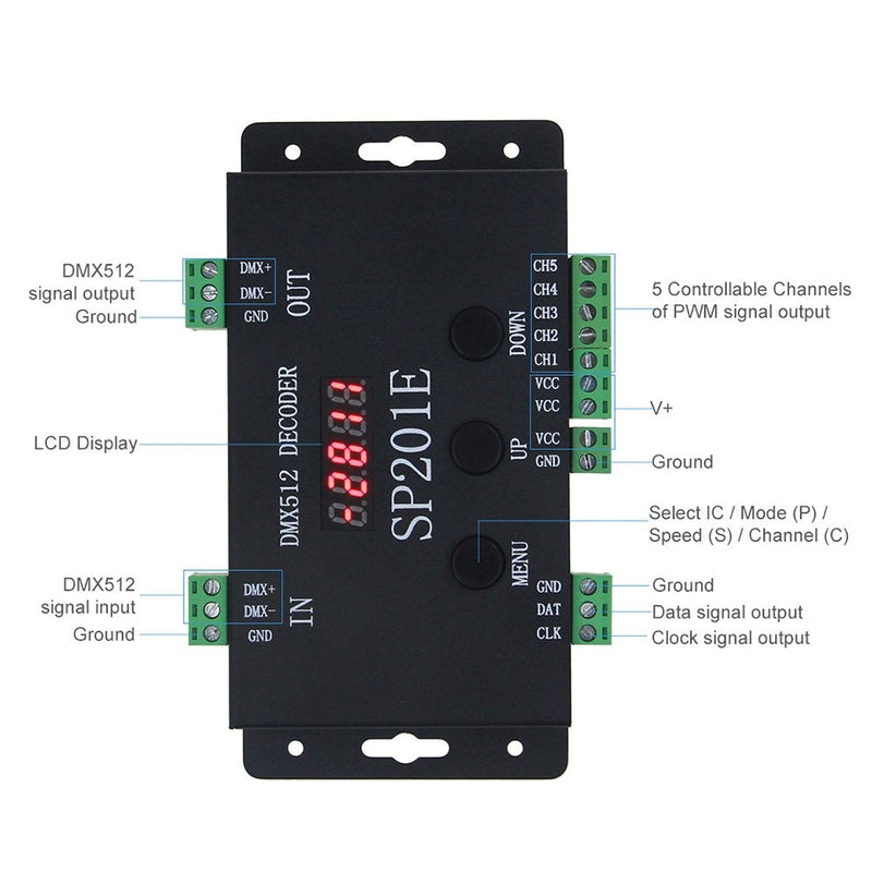 ALITOVE WS2812B WS2811 DMX to SPI Controller Decoder, W/ 99 Color Modes, 5 Channel DMX 512 RGB WW Decoder Controller for SK6812 WS2801 WS2813 LP6803 8806 1903 RGBWW LED Pixels Light Strip DC5V~24V