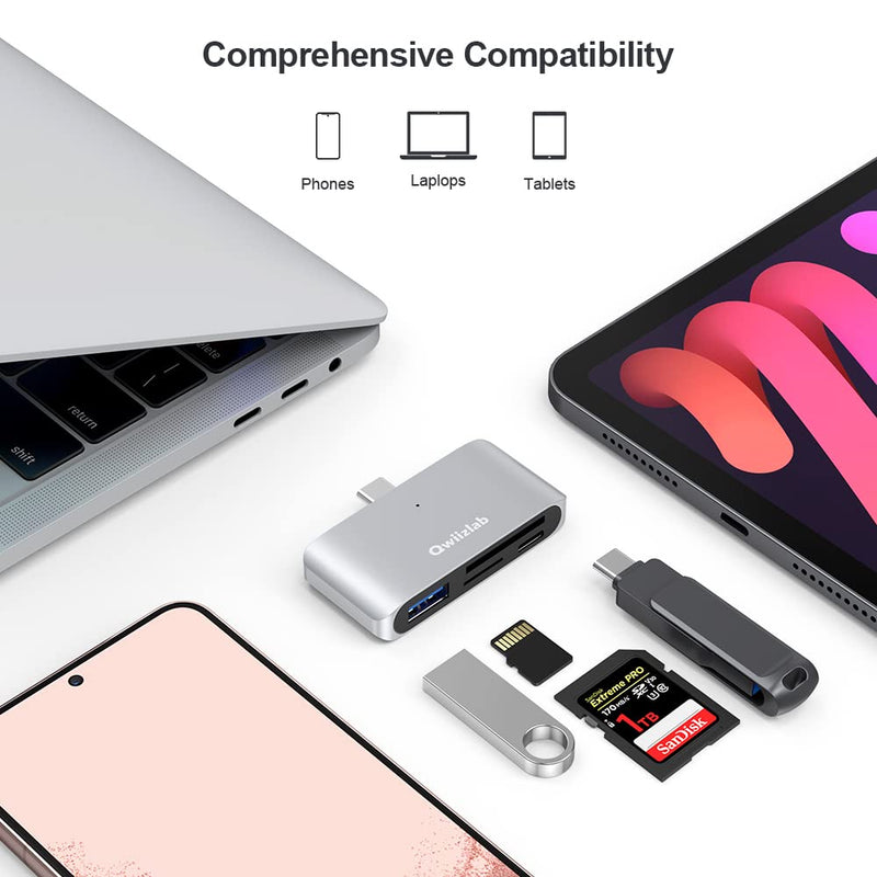 Qwiizlab 4-in-1 USB-C 3.0 Hub, SD/Micro Memory Card Readers, USB-A 5Gbps, USB-C 2.0, for MacBook Air Pro iMac HP XPS Lenovo Windows Laptop PC(Silver) Silver