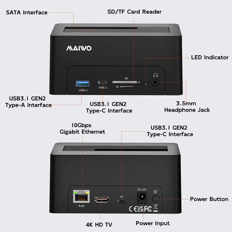 MAIWO Hard Drive Docking Station for 2.5 3.5 Inch SATA HDD SSD, USB 3.0/eSATA 5Gbps Speed with UASP, 24TB Capacity, External HDD Reader