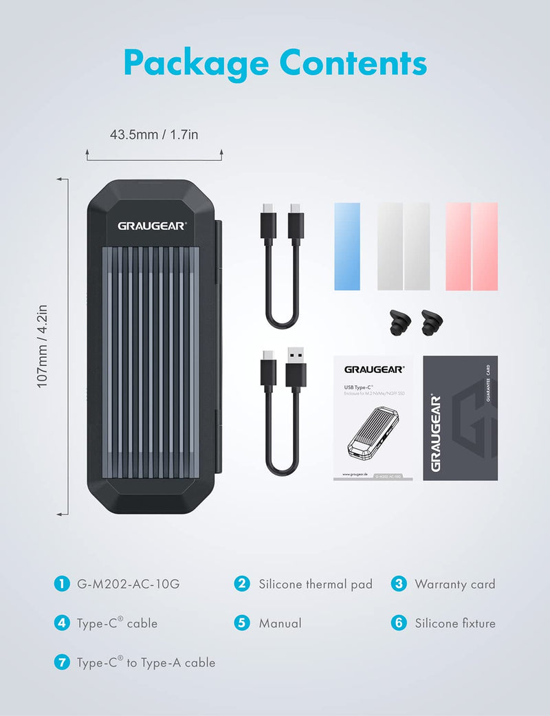 GRAUGEAR 10Gbps M.2 NVMe SATA SSD Enclosure Adapter, Tool-Free USB3.2 Gen2 External SSD Case, USB C to USB C/USB A Cables, M Key, B+M Key, RTL9210B for Size 2230/2242/2260/2280[G-M202-AC-10G]