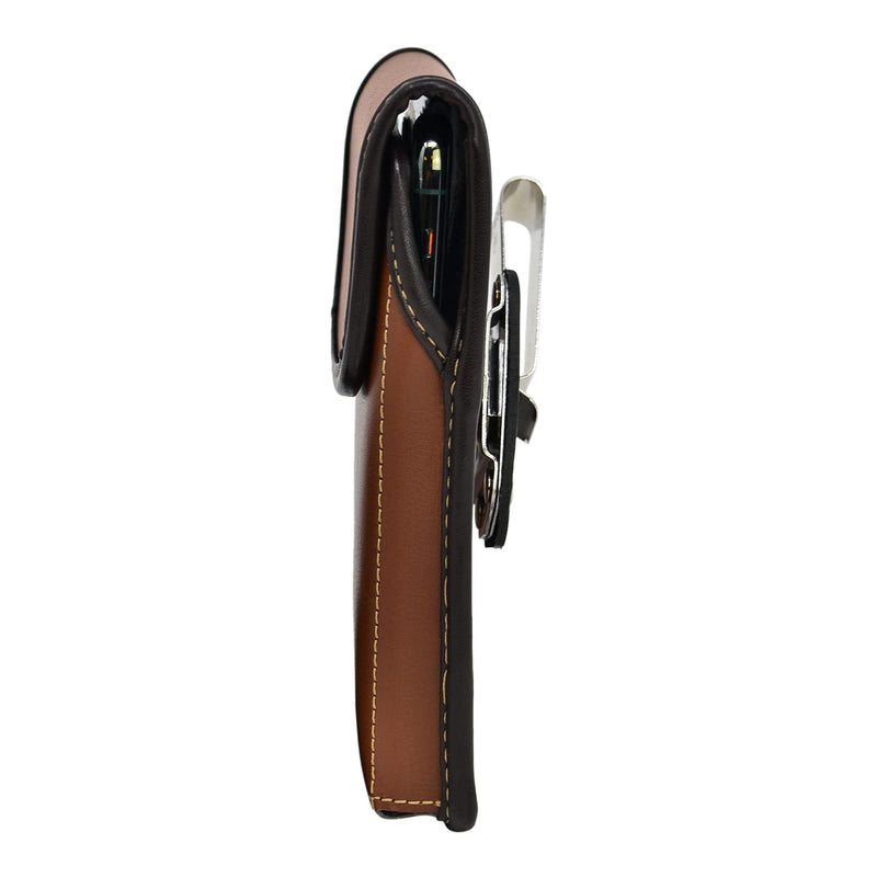 Turtleback Brown Belt Case for iPhone 16 Pro, 16e, 15 Pro, 14 Pro, 13 - Small – Fits Slim Thin Style Cases, Vertical Holster Leather Pouch with Heavy Duty Rotating Belt Clip, Vertical - Leather w/ Metal Clip