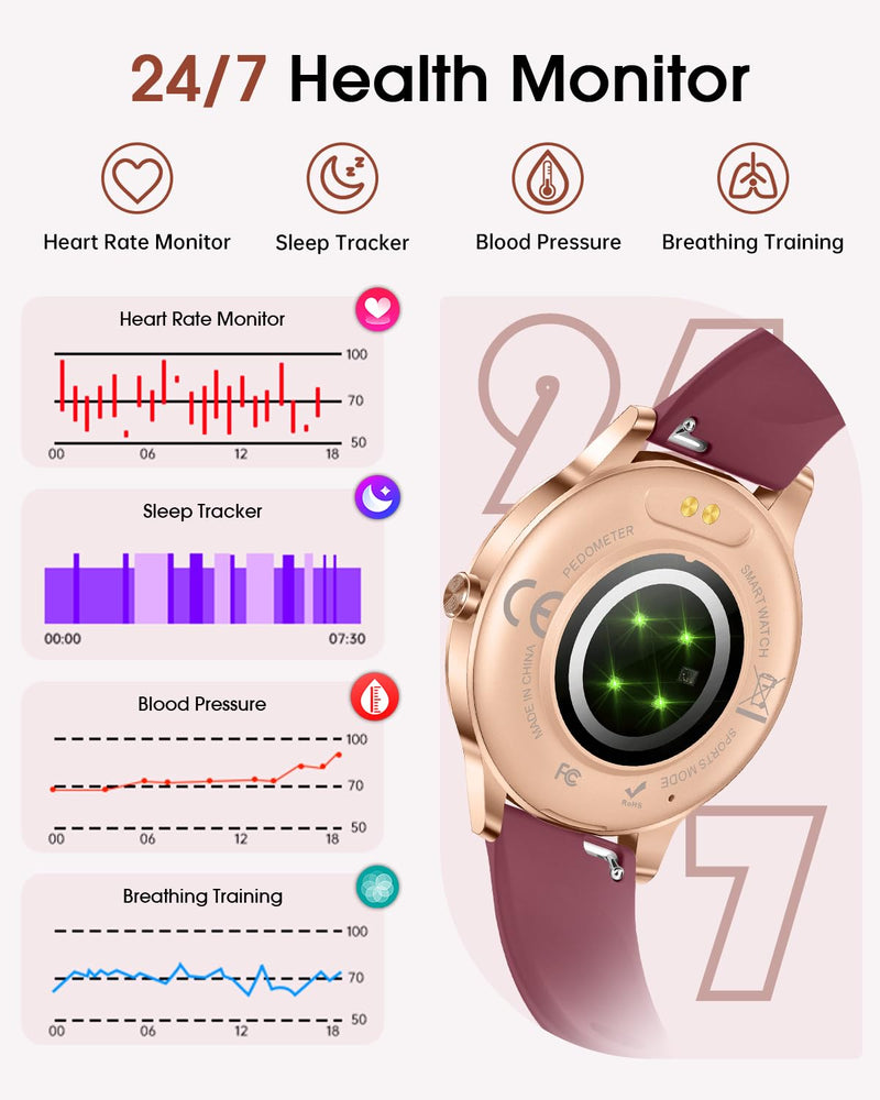 Smart Watch for Women(Answer/Make Call), 1.27'' Fitness Activity Tracker Watch with 130+ Sports Modes, Heart Rate Sleep Monitor, Pedometer, 41mm Smartwatch for Android iPhone Compatible (ROUND) Burgundy