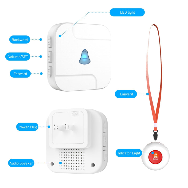 [AUSTRALIA] - WiFi Caregiver Pager System with Emergency Button for Elderly - 1 SOS Alert Watch + 2 Wireless Call Buttons + 1 Receiver for Seniors Patient Disabled Kids (2.4GHz WiFi, No Monthly Fee) 2+1+1 White 02 