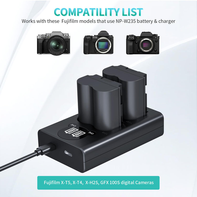 [AUSTRALIA] - LP NP-W235 Battery Charger Pack, LED Dual Slot USB Charger, 2-Pack 2400mAh Replacement Batteries for Fujifilm X-T5, X-S20, X-H2, X-H2S, GFX 100S, GFX 50S II, X-T4, VG-XT4 Battery Grip 