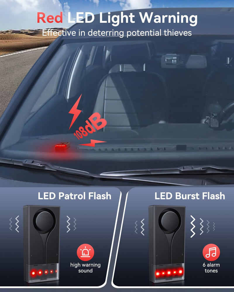 Car Vibration Sound & Light Alarm with Remote, ELECTOP 108dB Automobile Anti-Theft Vibration Alert, Anti-Theft LED Flashing Security Light Wireless Remote Vehicle Security Alert with 2pcs Alarm 2 Alarm(Upgraded Remote)