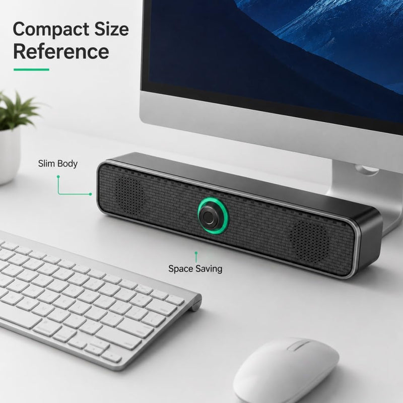 USB Computer Speaker Long Strip Wired Desktop Sound Bar with Knob Volume Control for Laptop PC Office Gaming Streaming Home, Black