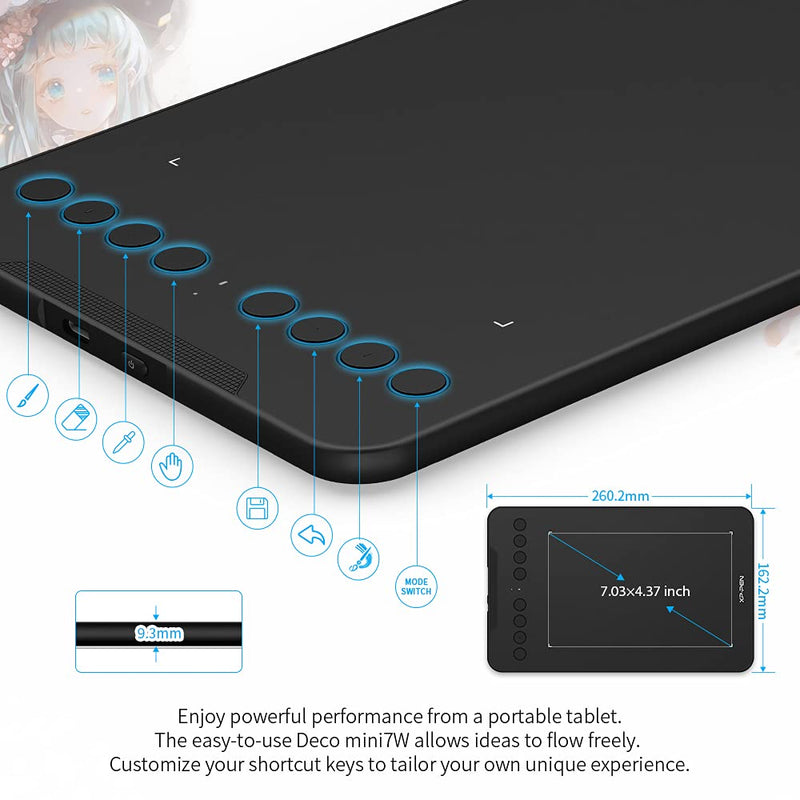 Drawing Tablet-XPPen Deco mini7W 7 x 4 inch Bluetooth 5.0 Graphic Tablet Pen Tablet with 16394 Levels Pressure,for Online Teaching/E-Learning Compatible with Window/Mac/Android/Chrome/Linux 7 Inch