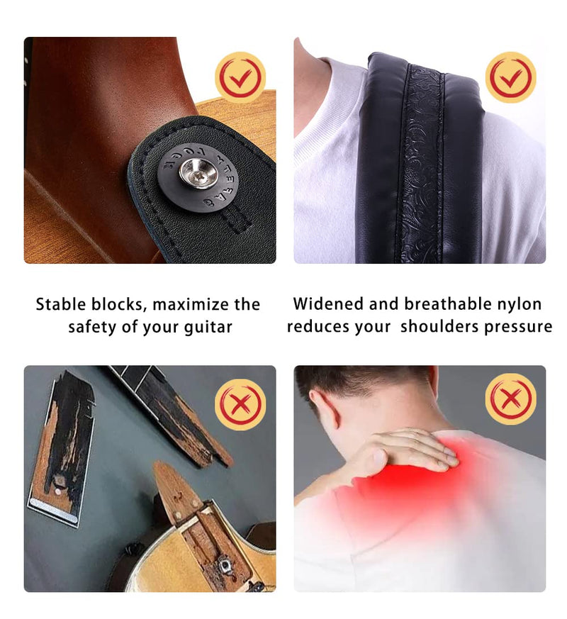 Neoprene Guitar Strap 3.4'' With Carbon Buckle, Leather Top & Back Soft For Bass, Electric Acoustic Guitar Black