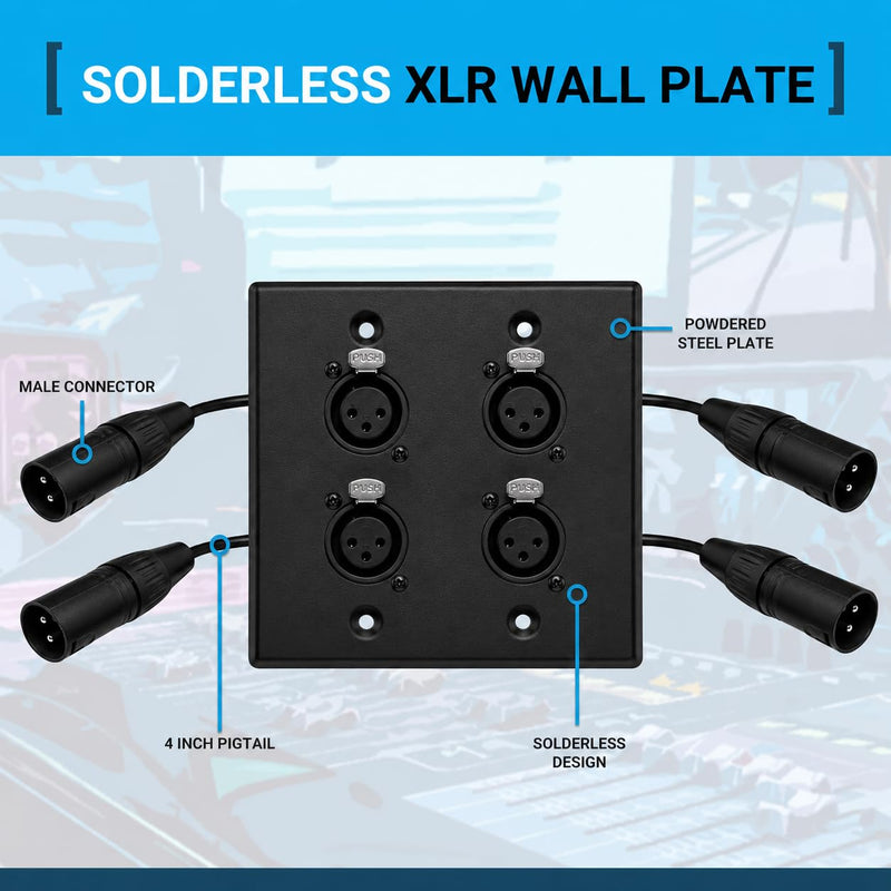 DIYTECH Black XLR Wall Plate, Solderless, No Solder, Audio Wall Plate, for Pro Audio Installation (Female to Male 4-Port)
