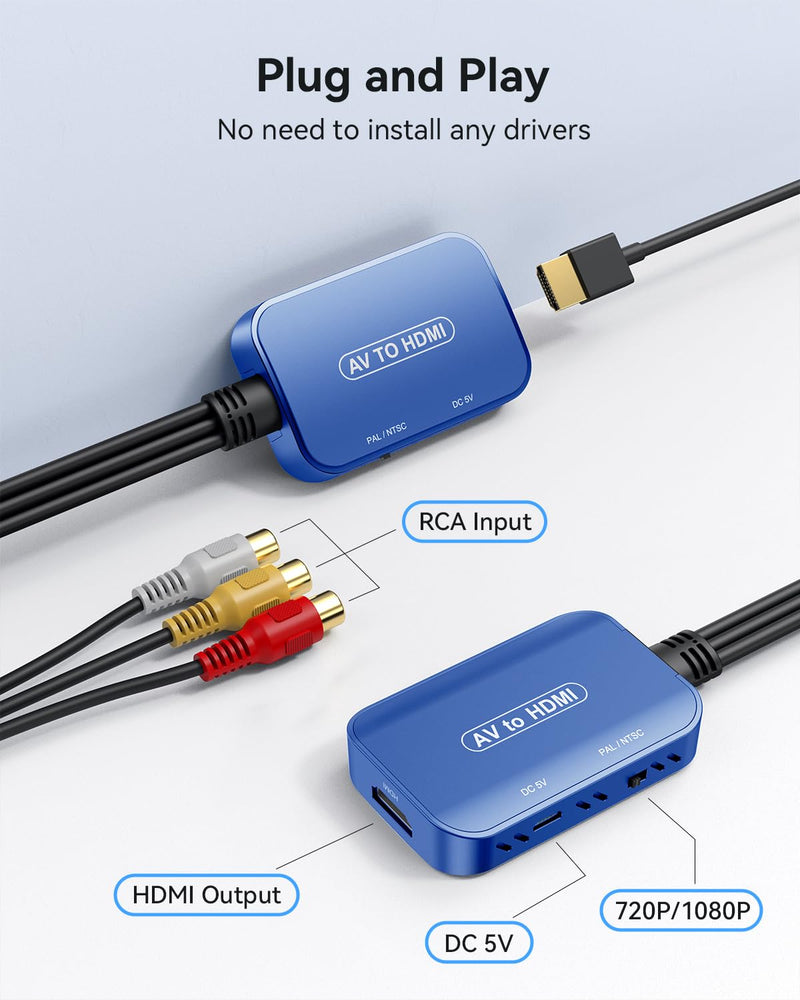 RCA to HDMI Adapter, AV to HDMI Converter, RCA to HDMI Composite Audio Video Converter for PS1, PS2, PS3, STB, Xbox, VHS, VCR,Blue-Ray DVD Players(HDMI Cable Included) Blue