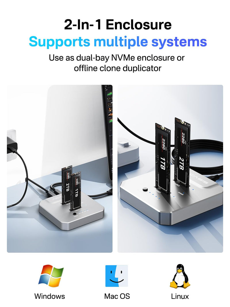 ACASIS 20Gbps M.2 NVMe SSD Cloner & Docking Station, Dual-Bay Duplicator | Offline Cloning • Aluminum Heat Dissipation • Tool-Free Installation • PCIe NVMe M-Key Support • USB Adapter Design