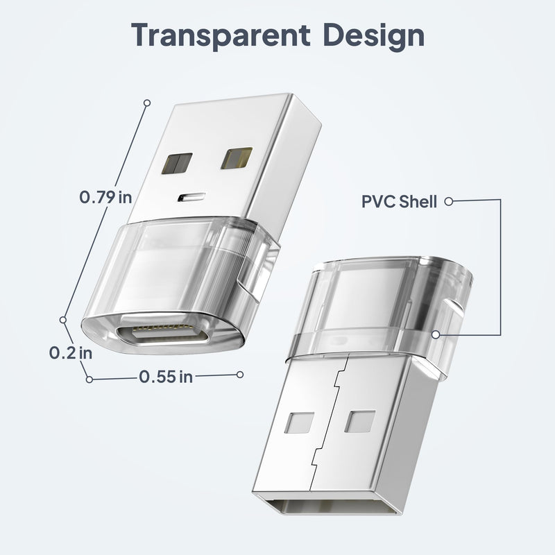Elebase USB to USB C Adapter 4 Pack,Transparent Type-C Female to A Male Car Charger Converter for New iPhone 16 Pro Max Plus 15 14 13,Apple Watch 10 9 8,Airpods,iPad Air 5 Mini 6 7,Samsung S24 Ultra
